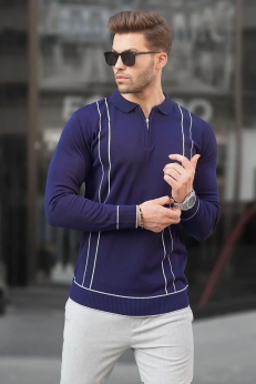 پليور بافتني مردانه يقه پولو زيپ دار MADMEXT  سورمه اي