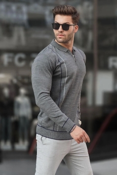 پليور بافتني مردانه يقه پولو زيپ دار MADMEXT  ذغالي