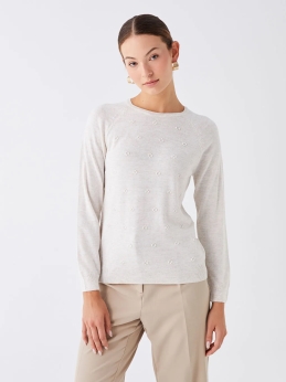 بلوز بافتني زنانه آستين بلند طرح دار يقه گرد LCWAIKIKI  بژ ملانژ